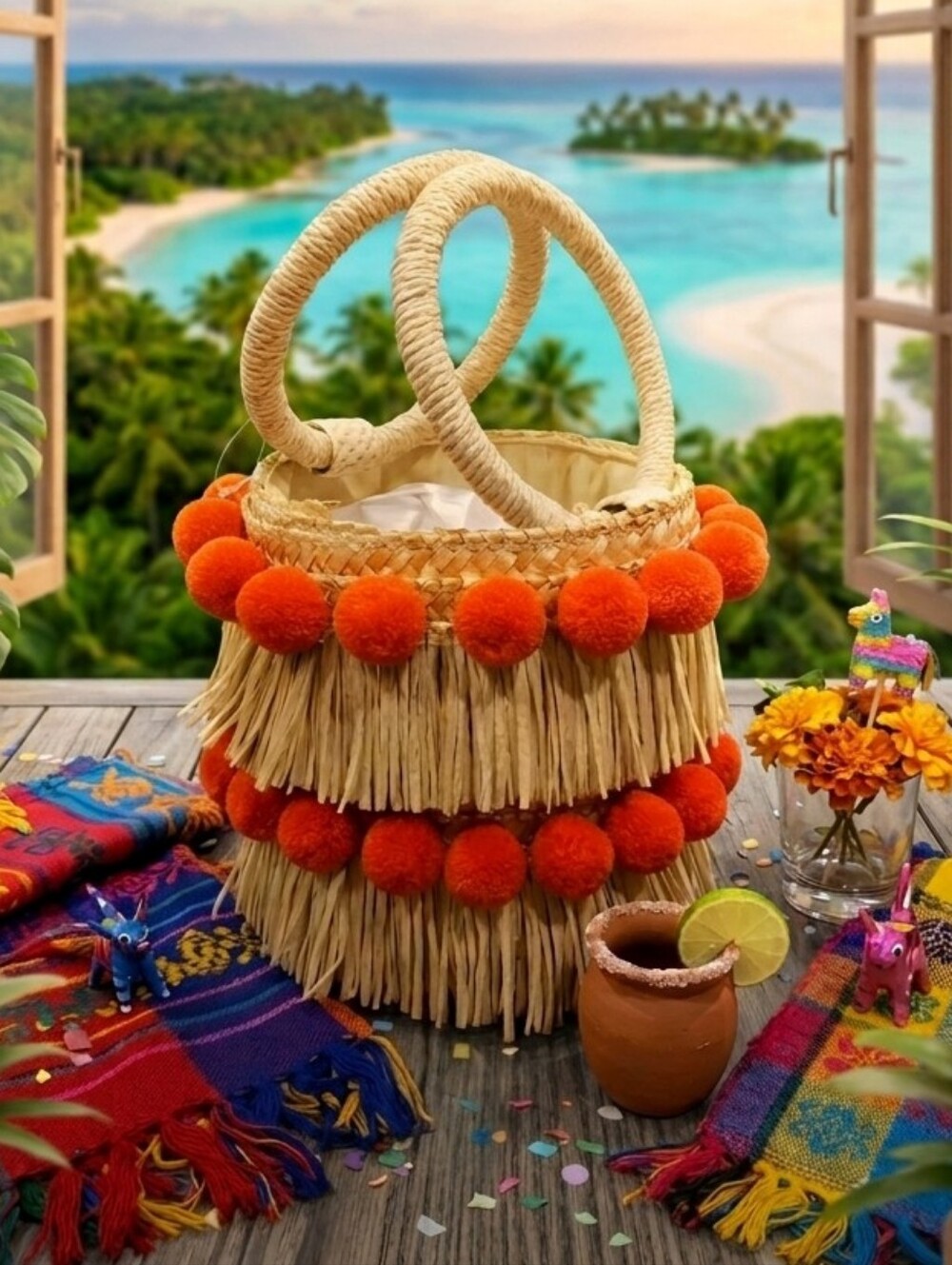 Boho Straw Fringe Tote with Orange Pom Poms - NWT - Picture 3 of 3